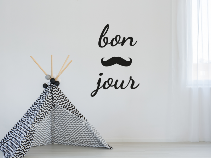 Muursticker "Bonjour" met snor/mustache