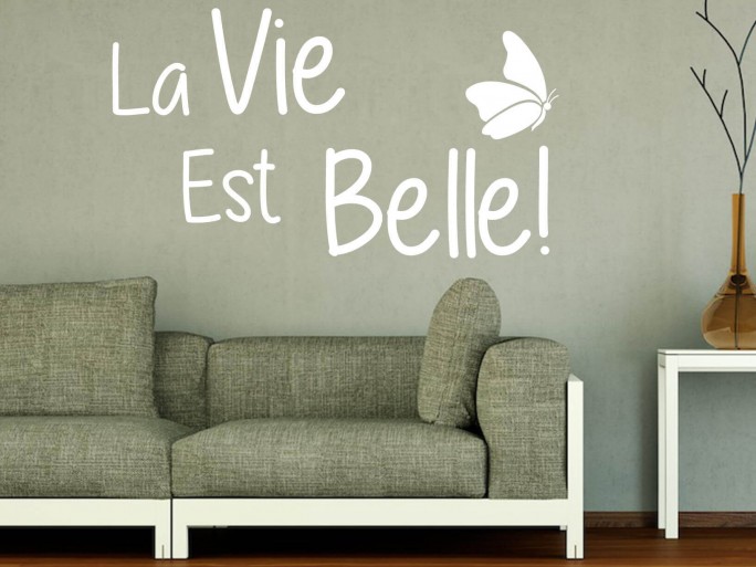 Muursticker "La Vie Est Belle!" met vlinder